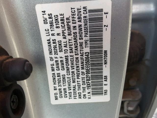 19XFB2F99EE050643 - 2014 HONDA CIVIC EXL 银色 照片 10