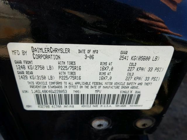 1J4GL48K46W228053 - 2006 JEEP LIBERTY SP BLACK photo 10