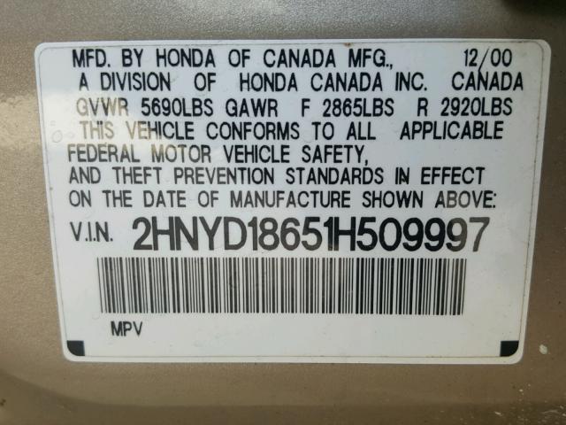 2HNYD18651H509997 - 2001 ACURA MDX TOURIN BEIGE photo 10