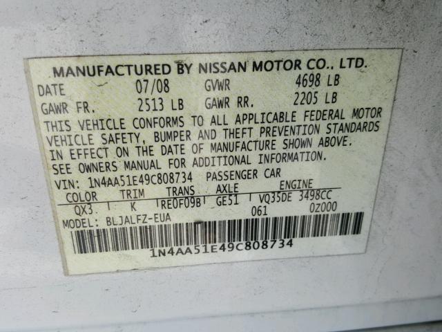 1N4AA51E49C808734 - 2009 NISSAN MAXIMA S WHITE photo 10