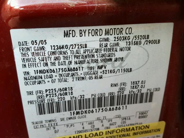 1FMDK06175GA68611 - 2005 FORD FREESTYLE MAROON photo 10