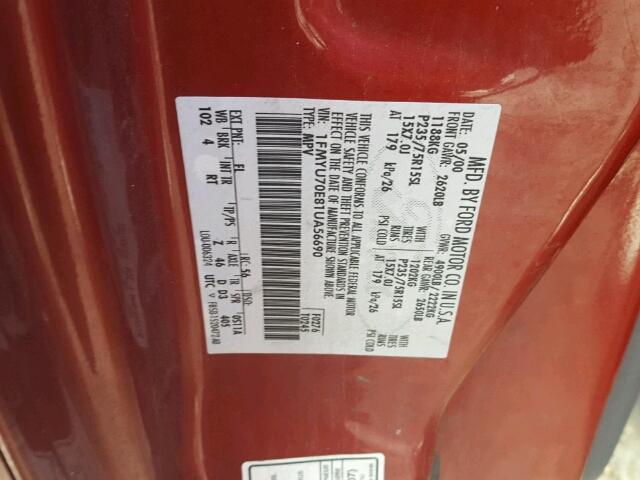 1FMYU70E81UA56690 - 2001 FORD EXPLORER S RED photo 10