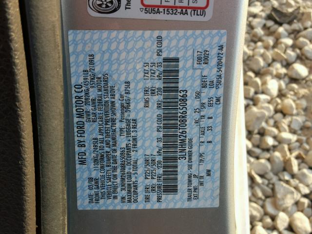 3LNHM26T08R650863 - 2008 LINCOLN MKZ ვერცხლისფერი ფოტო 10