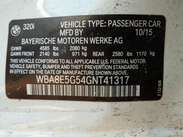 WBA8E5G54GNT41317 - 2016 BMW 320 XI WHITE photo 10