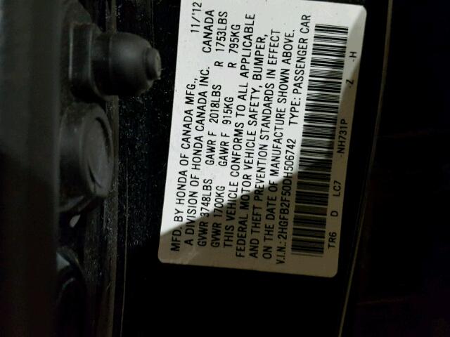 2HGFB2F50DH506742 - 2013 HONDA CIVIC LX BLACK photo 10