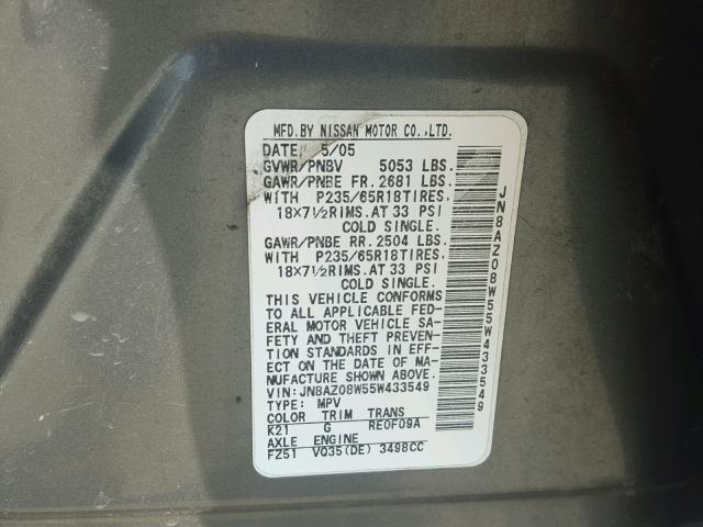 JN8AZ08W55W433549 - 2005 NISSAN MURANO SL SILVER photo 10