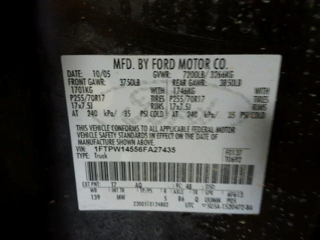 1FTPW14556FA27435 - 2006 FORD F150 SUPER BLACK photo 10