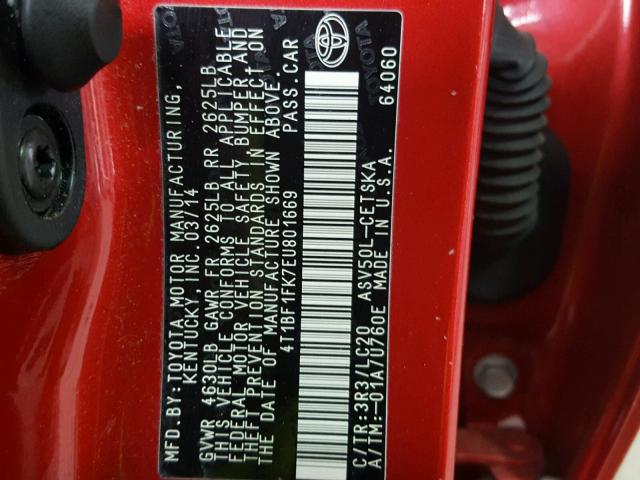 4T1BF1FK7EU801669 - 2014 TOYOTA CAMRY L RED photo 10