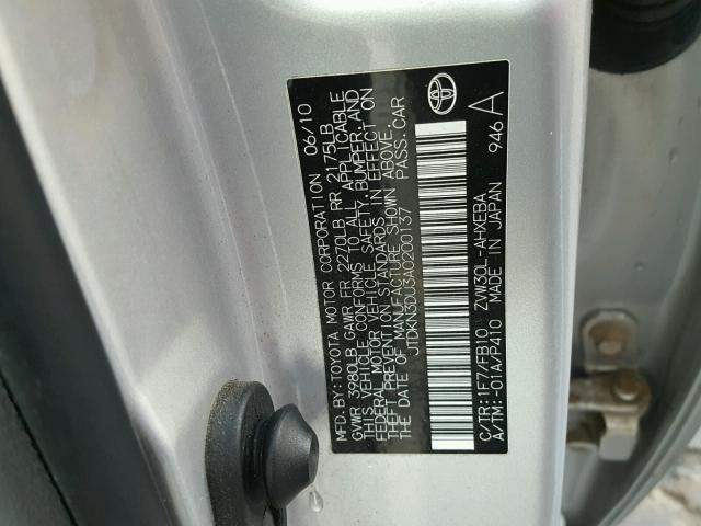 JTDKN3DU3A0200137 - 2010 TOYOTA PRIUS SILVER photo 10