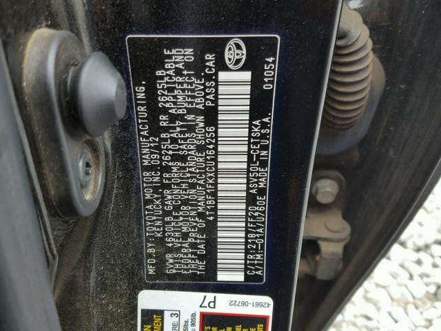 4T1BF1FKXCU164256 - 2012 TOYOTA CAMRY BASE BLACK photo 10