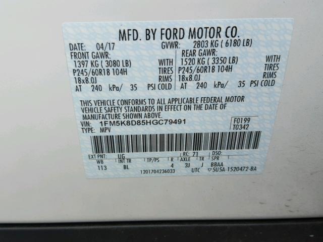 1FM5K8D85HGC79491 - 2017 FORD EXPLORER X WHITE photo 10