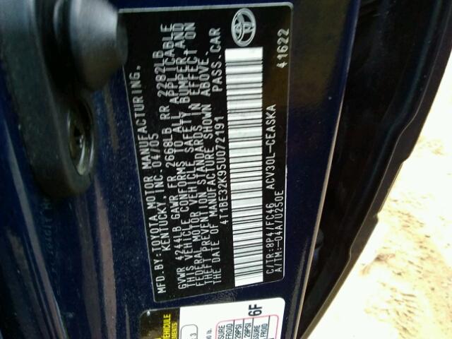 4T1BE32K95U072191 - 2005 TOYOTA CAMRY LE ლურჯი ფოტო 10