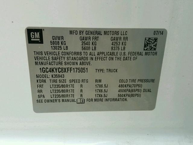 1GC4KYC8XFF175051 - 2015 CHEVROLET SILVERADO WHITE photo 10