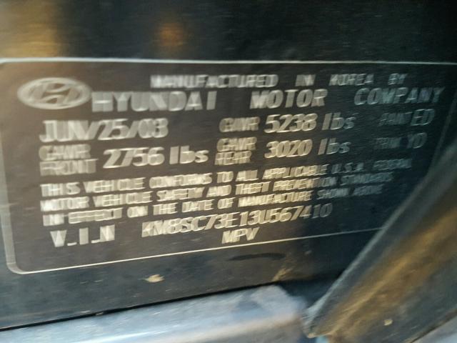 KM8SC73E13U567410 - 2003 HYUNDAI SANTA FE G BLACK photo 10