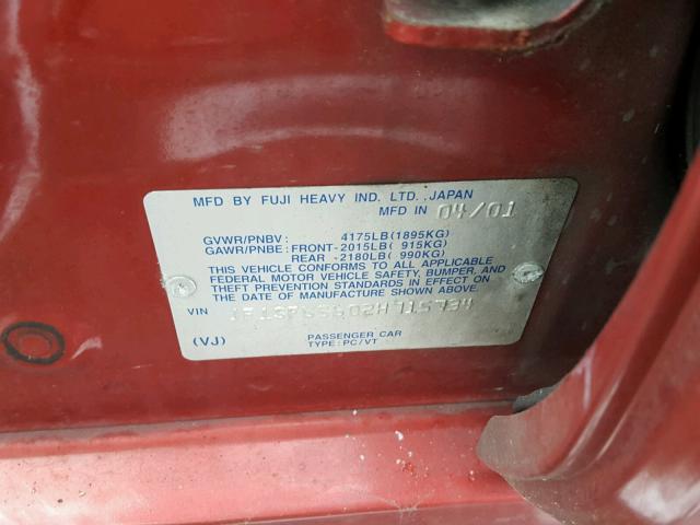 JF1SF65602H715734 - 2002 SUBARU FORESTER S 勃艮第红 照片 10