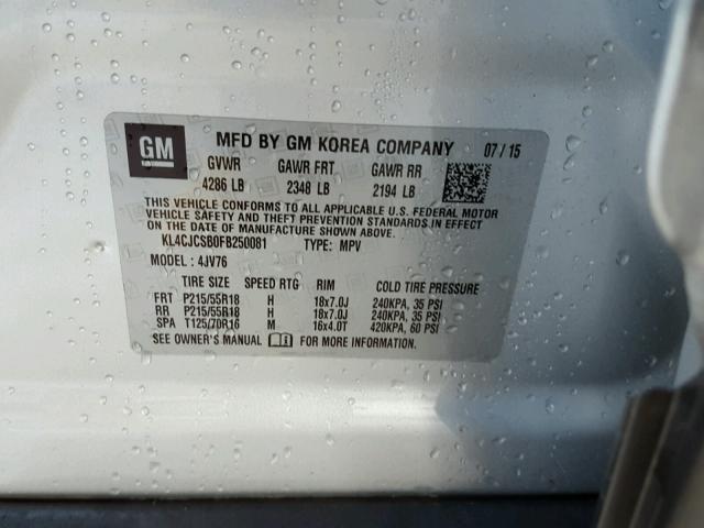 KL4CJCSB0FB250081 - 2015 BUICK ENCORE SILVER photo 10