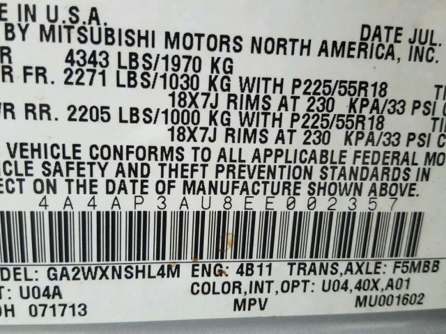 4A4AP3AU8EE002357 - 2014 MITSUBISHI OUTLANDER SILVER photo 10