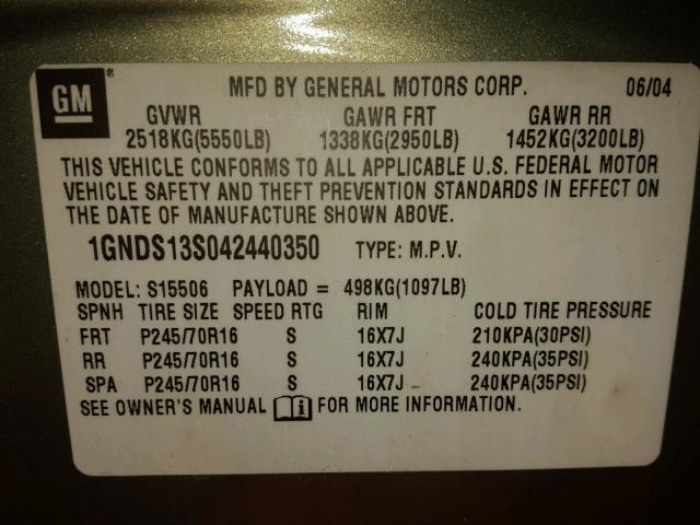 1GNDS13S042440350 - 2004 CHEVROLET TRAILBLAZE GREEN photo 10