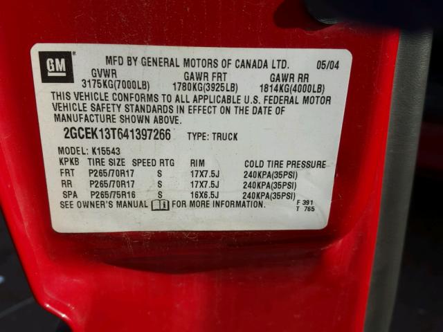 2GCEK13T641397266 - 2004 CHEVROLET SILVERADO RED photo 10