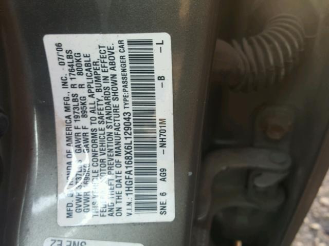 1HGFA168X6L129043 - 2006 HONDA CIVIC EX 银色 照片 10