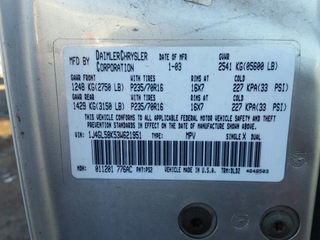 1J4GL58K53W621951 - 2003 JEEP LIBERTY LI SILVER photo 10