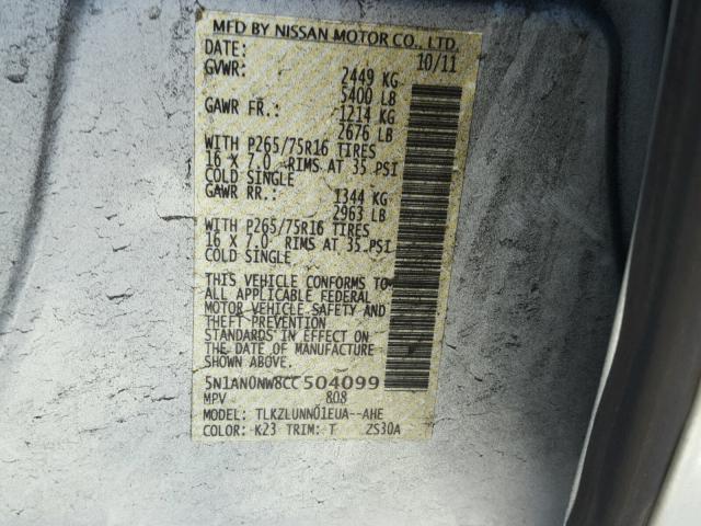 5N1AN0NW8CC504099 - 2012 NISSAN XTERRA OFF GRAY photo 10