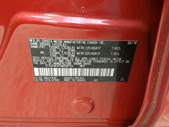 2T3ZFREV7GW256754 - 2016 TOYOTA RAV4 LE RED photo 10