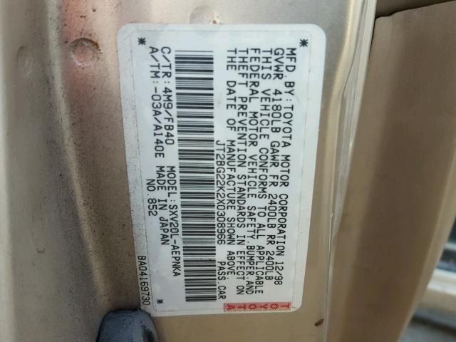 JT2BG22K2X0308966 - 1999 TOYOTA CAMRY LE ოქროსფერი ფოტო 10