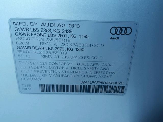 WA1LFAFP8DA080826 - 2013 AUDI Q5 PREMIUM SILVER photo 10