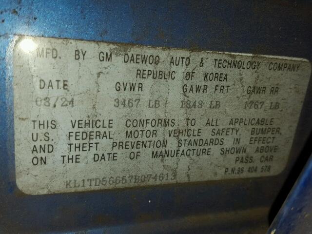 KL1TD56657B074613 - 2007 CHEVROLET AVEO BASE Կապույտ լուսանկար 10