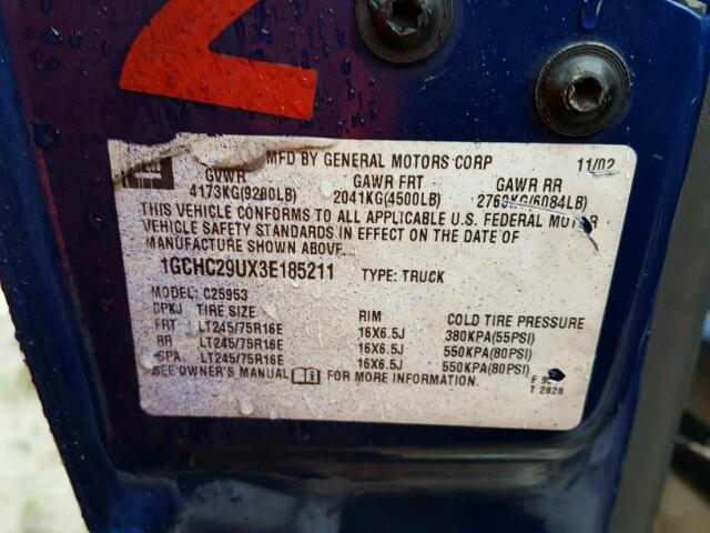 1GCHC29UX3E185211 - 2003 CHEVROLET SILVERADO BLUE photo 10