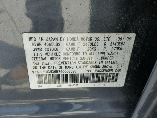 JHMCN36576C003387 - 2006 HONDA ACCORD HYB GRAY photo 10