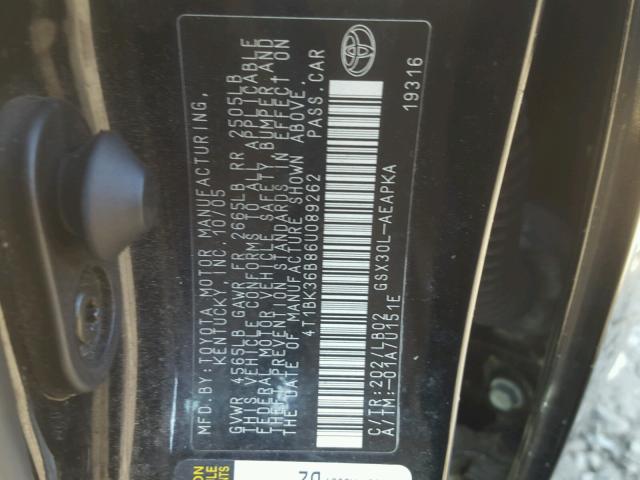 4T1BK36B86U089262 - 2006 TOYOTA AVALON XL BLACK photo 10