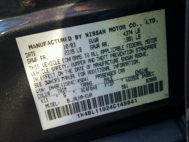 1N4BL11D24C145641 - 2004 NISSAN ALTIMA SE GRAY photo 10