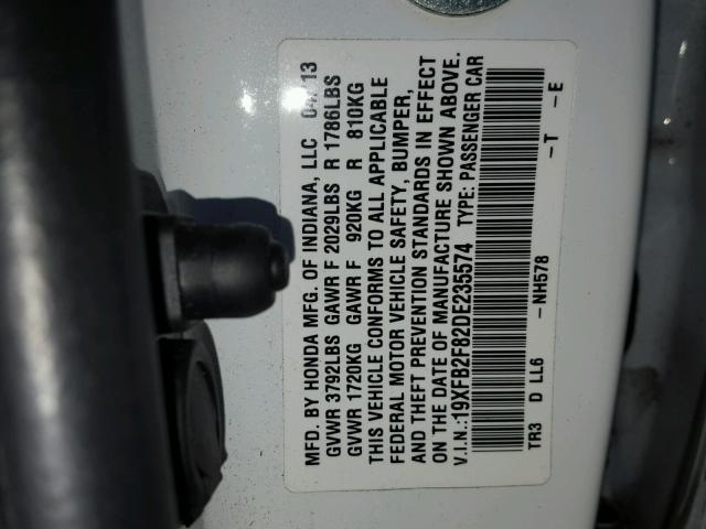 19XFB2F82DE235574 - 2013 HONDA CIVIC EX თეთრი ფოტო 10