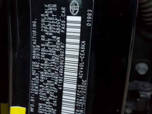 4T1BE46K69U360787 - 2009 TOYOTA CAMRY BASE BLACK photo 10