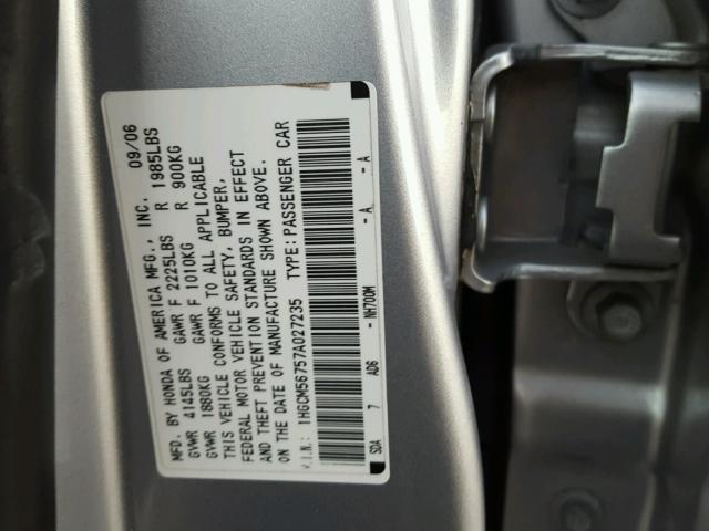 1HGCM56757A027235 - 2007 HONDA ACCORD EX SILVER photo 10