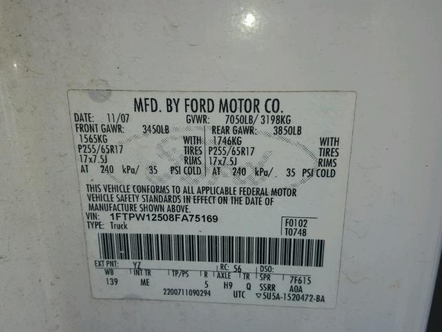 1FTPW12508FA75169 - 2008 FORD F150 SUPER WHITE photo 10