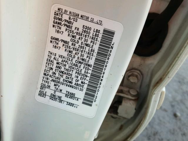 JN8DR09Y94W900130 - 2004 NISSAN PATHFINDER WHITE photo 10