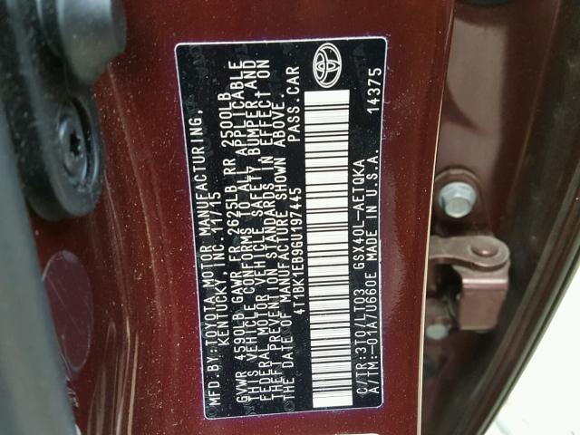 4T1BK1EB9GU197445 - 2016 TOYOTA AVALON XLE 勃艮第红 照片 10