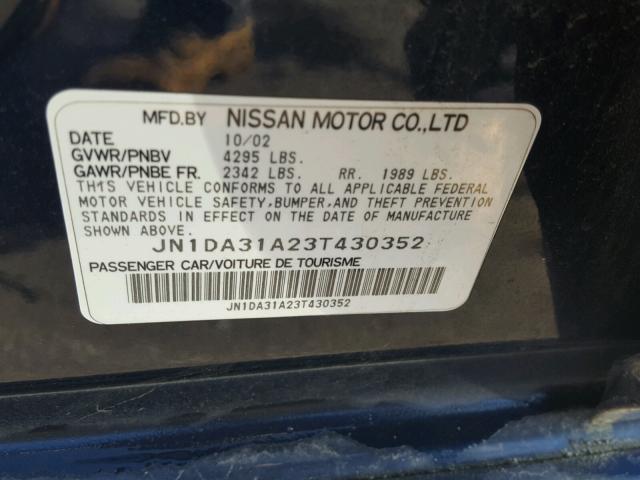 JN1DA31A23T430352 - 2003 NISSAN MAXIMA GLE BLUE photo 10