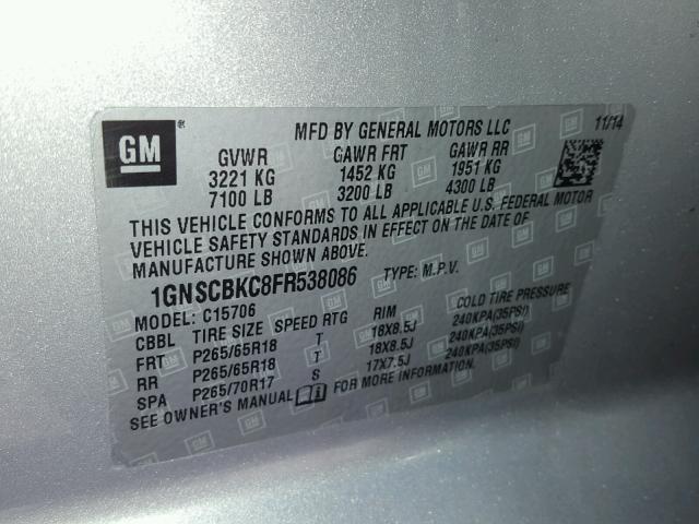 1GNSCBKC8FR538086 - 2015 CHEVROLET TAHOE C150 SILVER photo 10