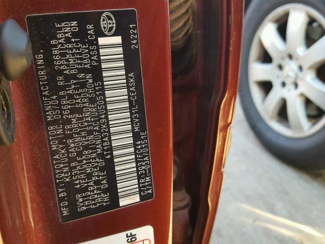 4T1BA32K94U505115 - 2004 TOYOTA CAMRY SE MAROON photo 10