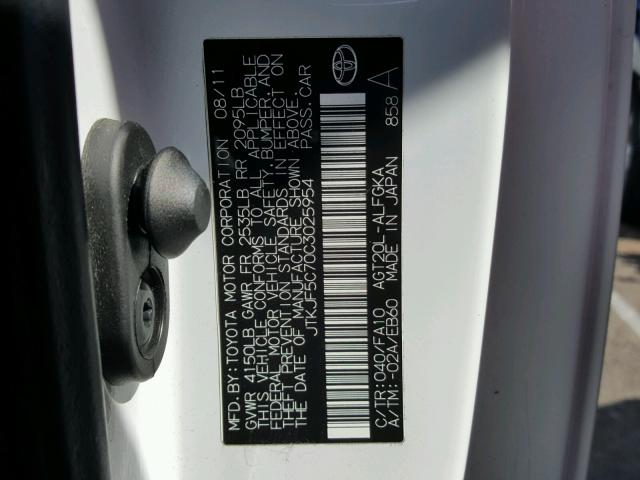 JTKJF5C70C3025954 - 2012 TOYOTA SCION TC 白色 照片 10