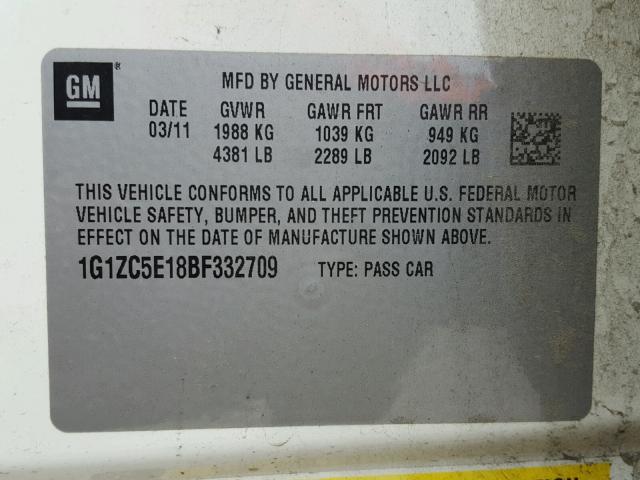 1G1ZC5E18BF332709 - 2011 CHEVROLET MALIBU 1LT WHITE photo 10