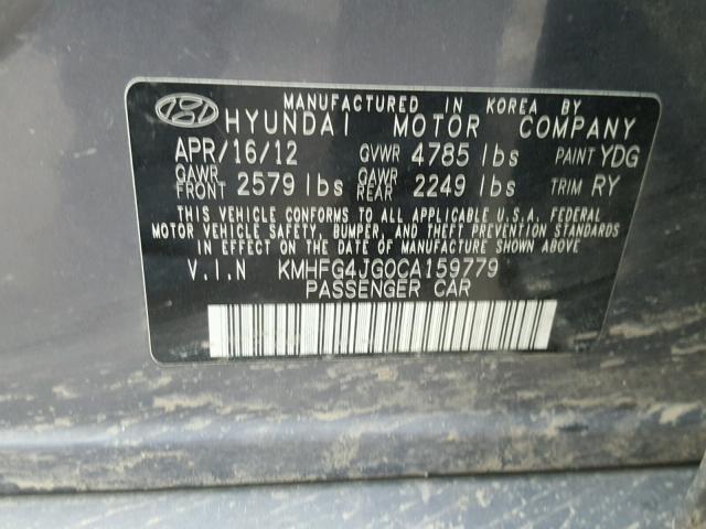 KMHFG4JG0CA159779 - 2012 HYUNDAI AZERA GLS GRAY photo 10