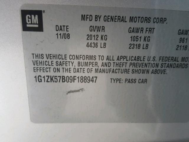 1G1ZK57B09F188947 - 2009 CHEVROLET MALIBU LTZ 银色 照片 10