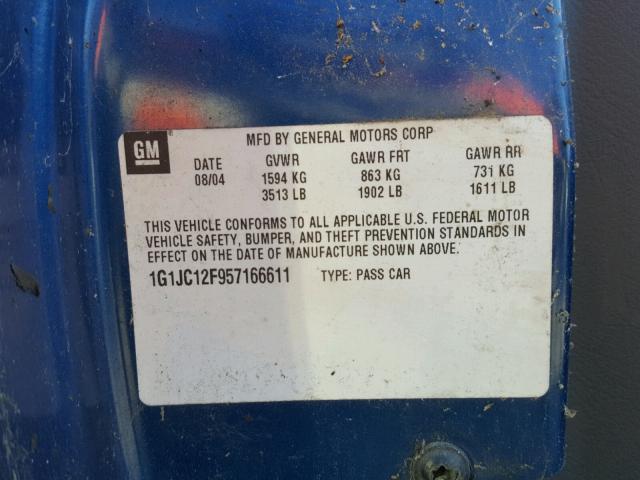 1G1JC12F957166611 - 2005 CHEVROLET CAVALIER BLUE photo 10