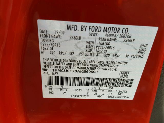 1FMCU9E78AKB60690 - 2010 FORD ESCAPE LIM RED photo 10