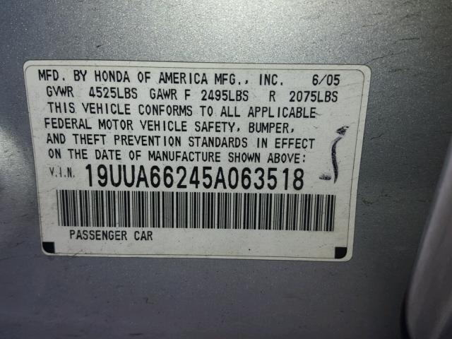 19UUA66245A063518 - 2005 ACURA TL SILVER photo 10